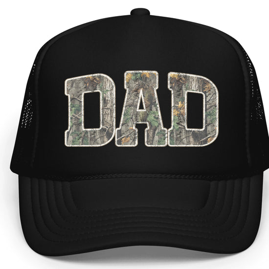 Dad camo trucker hat with woodland camouflage letters on white foam front