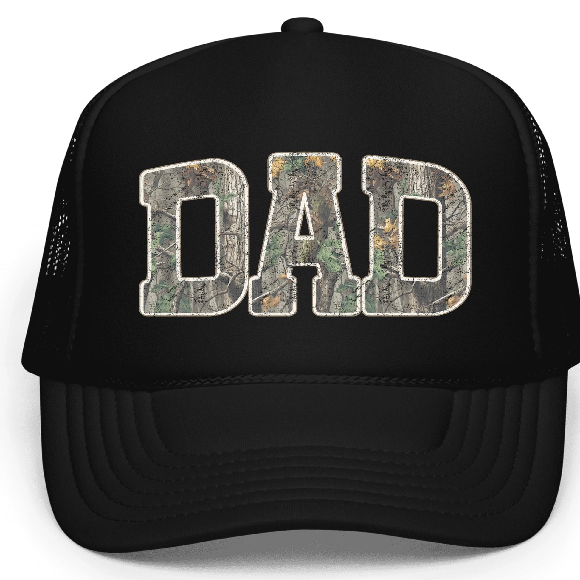 Dad camo trucker hat with woodland camouflage letters on white foam front