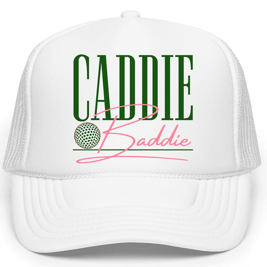 Front angled view of Caddie Baddie golf hat showing structured foam front panel with complete logo design
