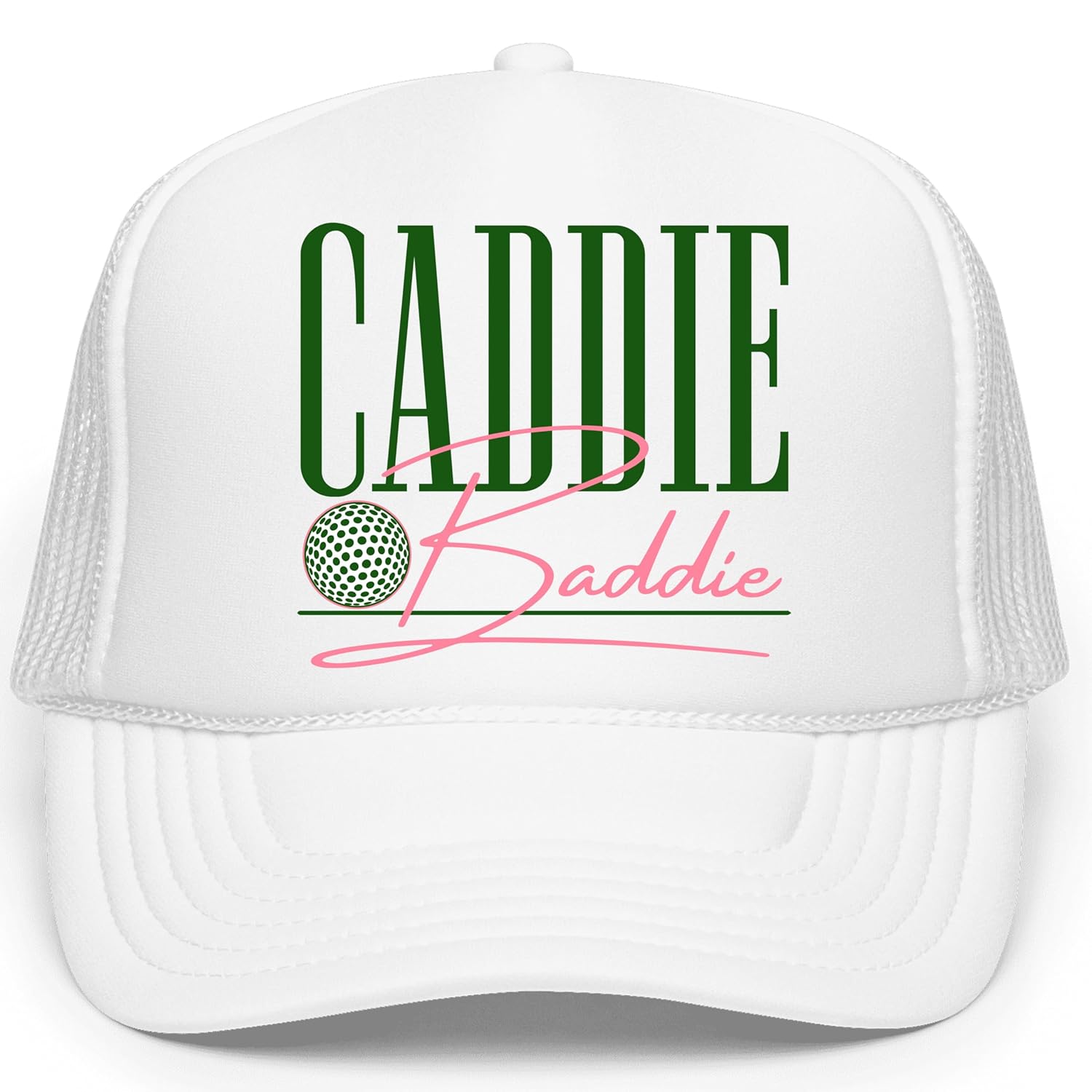 Front angled view of Caddie Baddie golf hat showing structured foam front panel with complete logo design