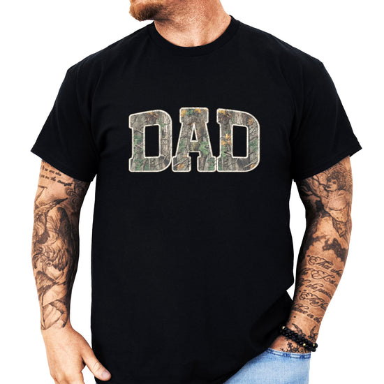Black t-shirt with camouflage DAD text in military style lettering for men