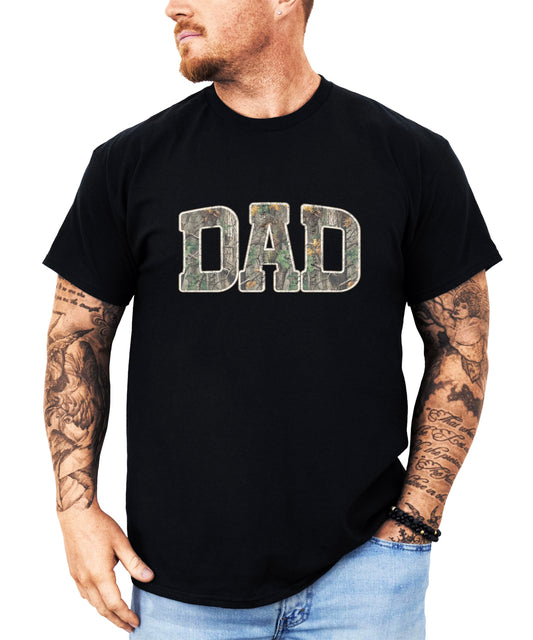 Black t-shirt with camouflage DAD text in military style lettering for men
