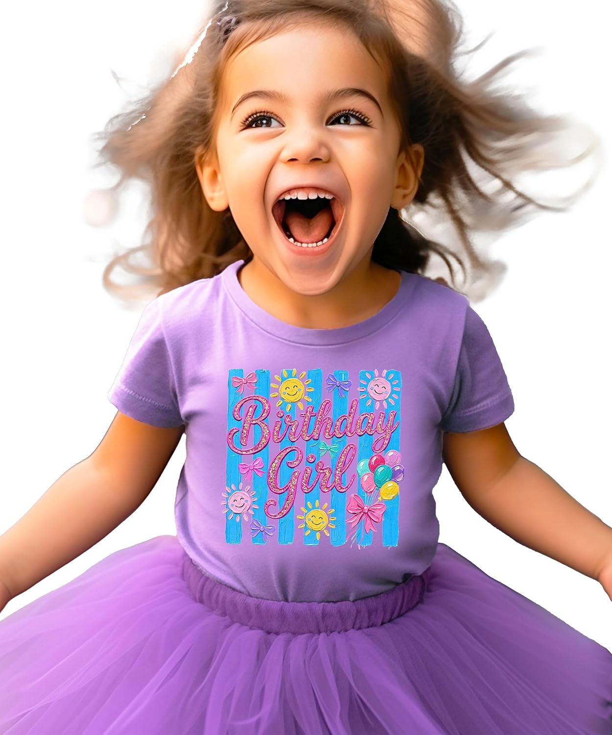 Birthday Girl tee flat lay showing full design with brushstroke stripes, pink bows, and smiling sun graphics