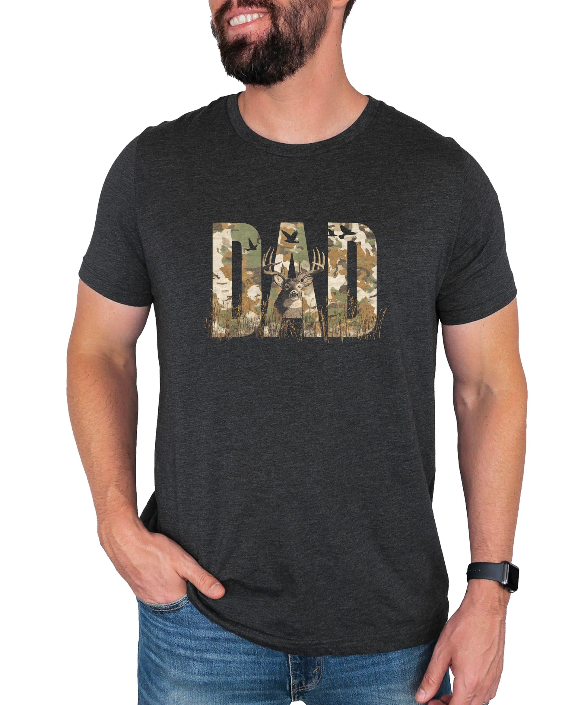 Close-up view of camo DAD lettering with detailed buck deer silhouette graphic
