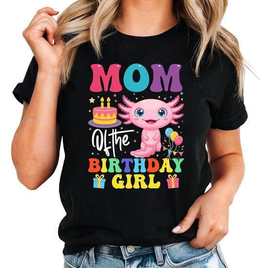 Axolotl birthday family shirt collection showing matching party tees with colorful rainbow axolotl design