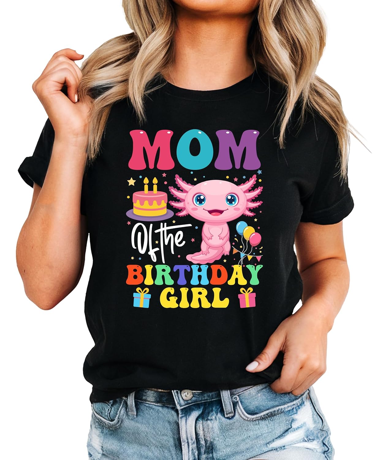 Axolotl birthday family shirt collection showing matching party tees with colorful rainbow axolotl design