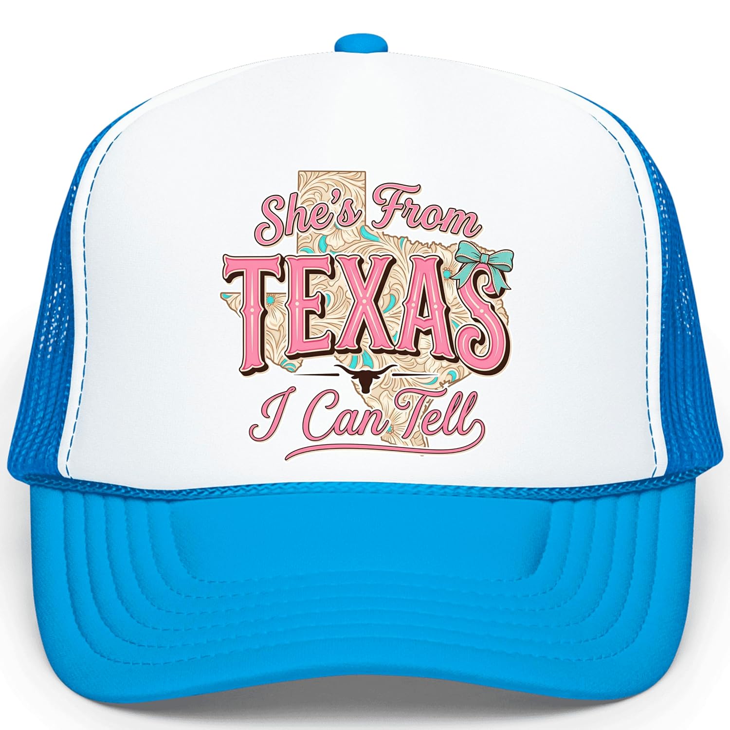 Close-up of She's From Texas design with pink lettering, turquoise accents and longhorn detail