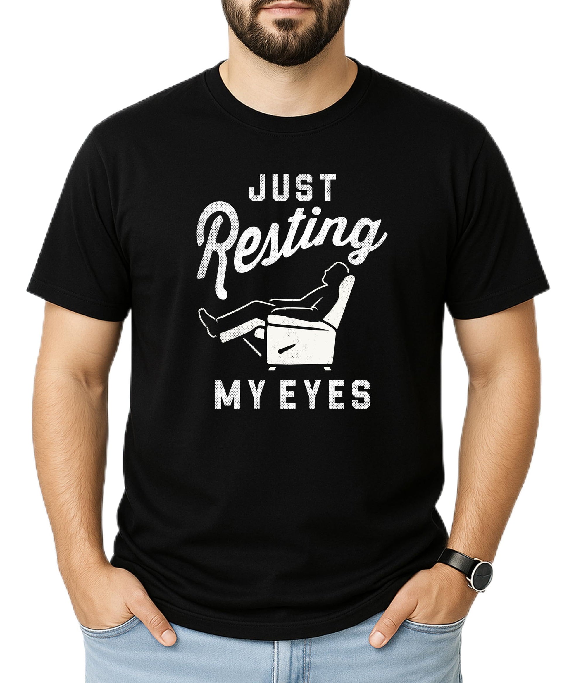 Just Resting My Eyes funny dad shirt with vintage recliner graphic design on black tee