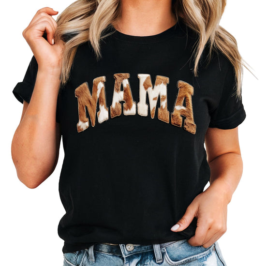 Black cow print mama shirt with white cow pattern and mama text
