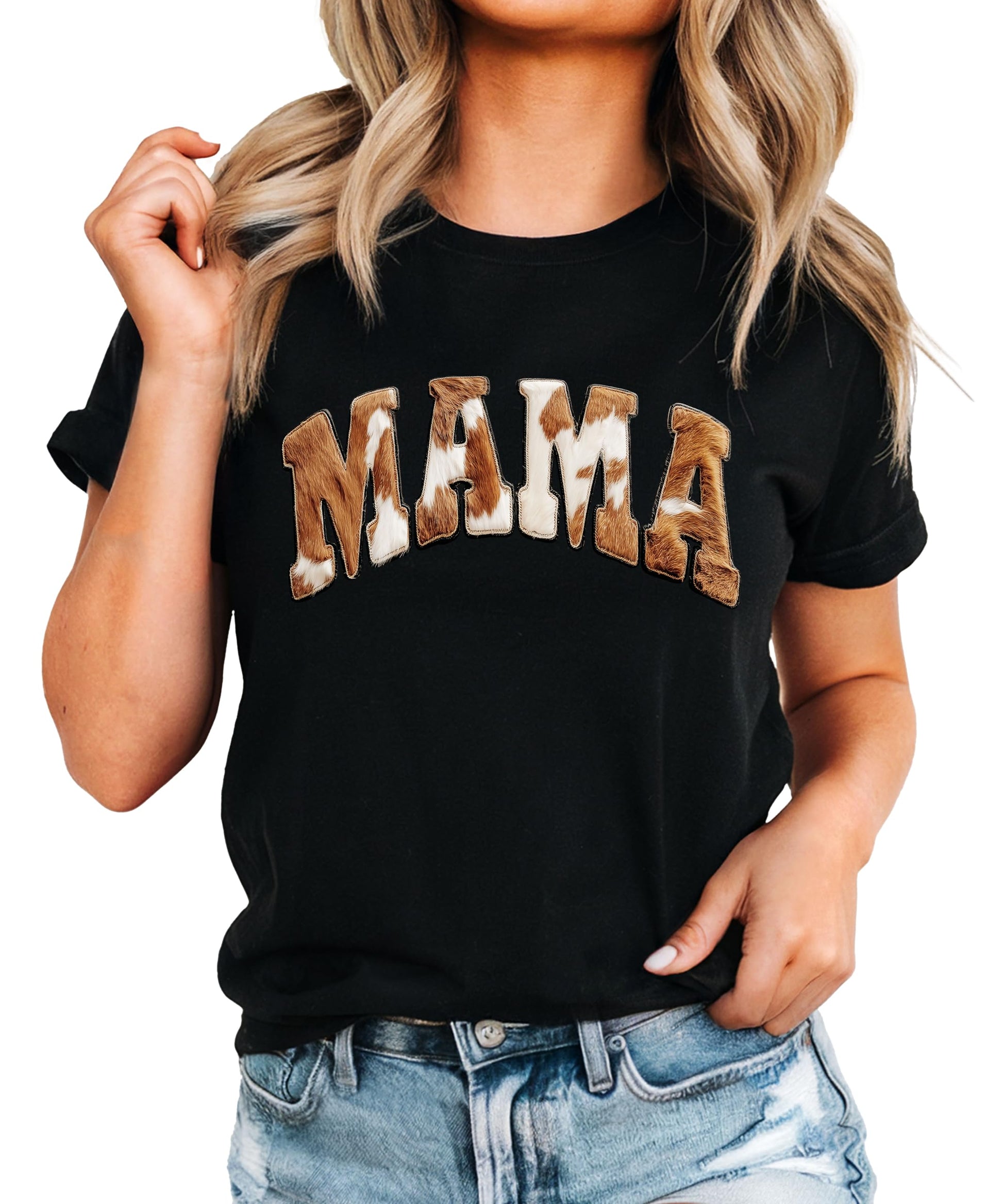 Black cow print mama shirt with white cow pattern and mama text