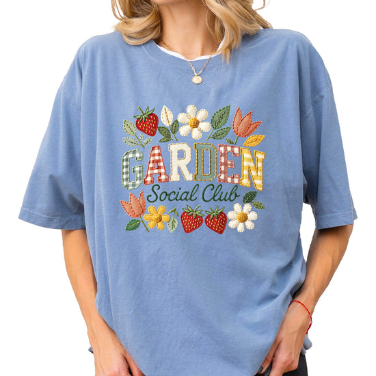 Garden Social Club blue jean shirt with vintage floral and strawberry graphic design for women