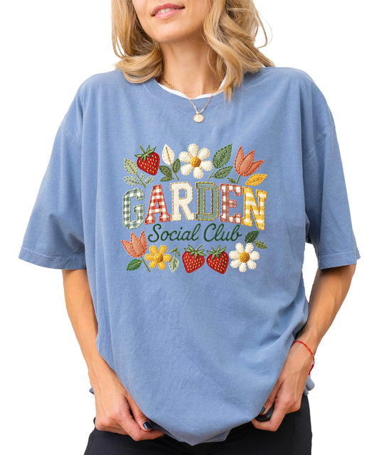 Garden Social Club blue jean shirt with vintage floral and strawberry graphic design for women