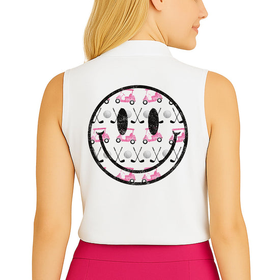 Women's white golf polo shirt with pink golf cart and clubs graphic design