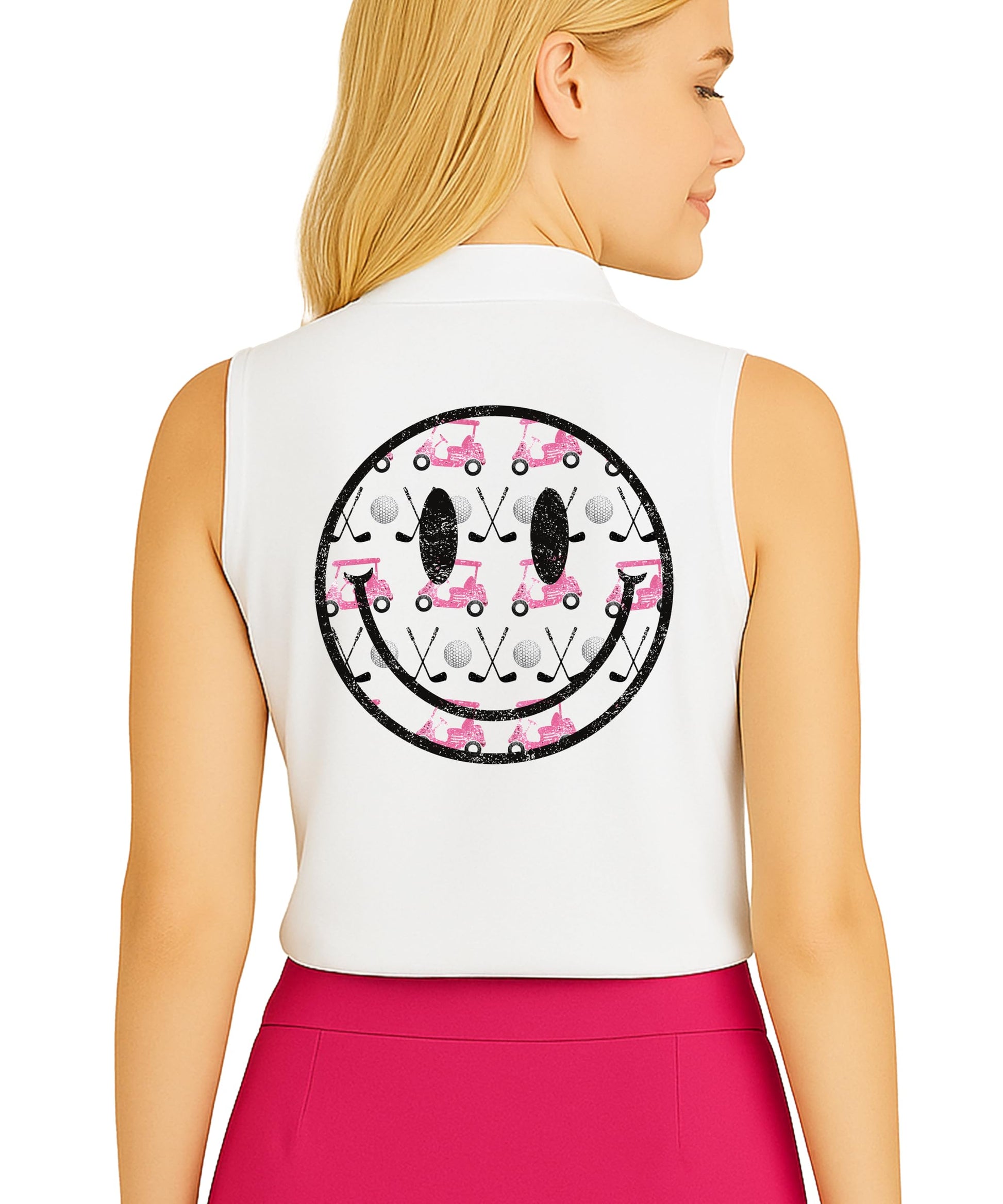 Women's white golf polo shirt with pink golf cart and clubs graphic design