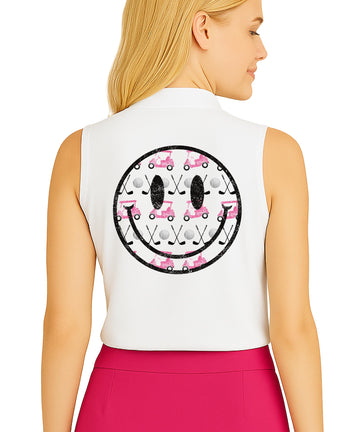 Women's white golf polo shirt with pink golf cart and clubs graphic design