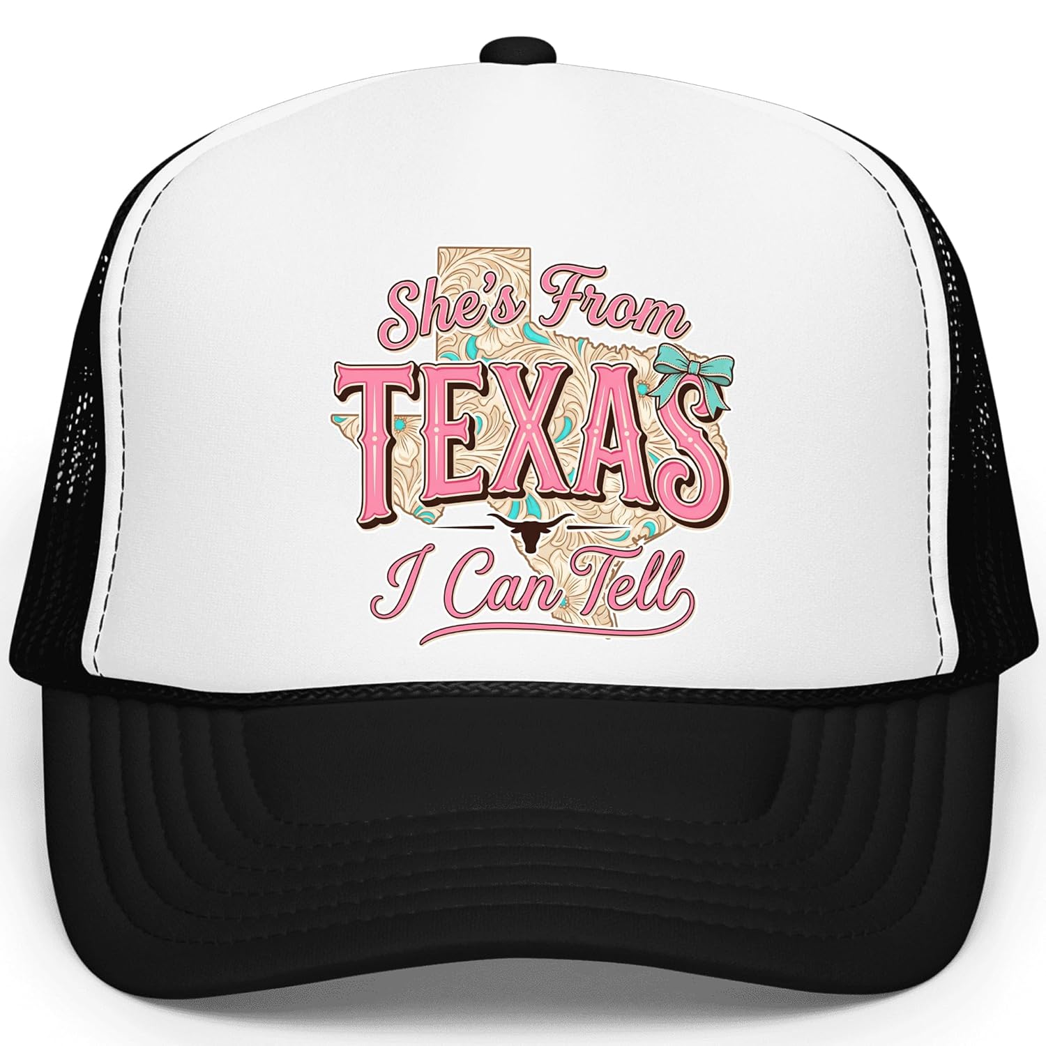 Back view of trucker hat displaying black mesh panels and adjustable plastic snapback closure