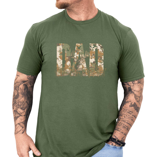 Full front view of black hunting t-shirt showing complete camo DAD deer design