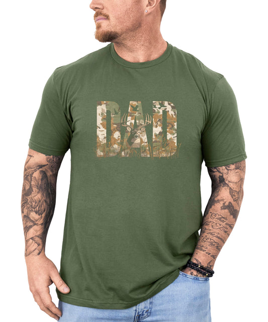 Full front view of black hunting t-shirt showing complete camo DAD deer design