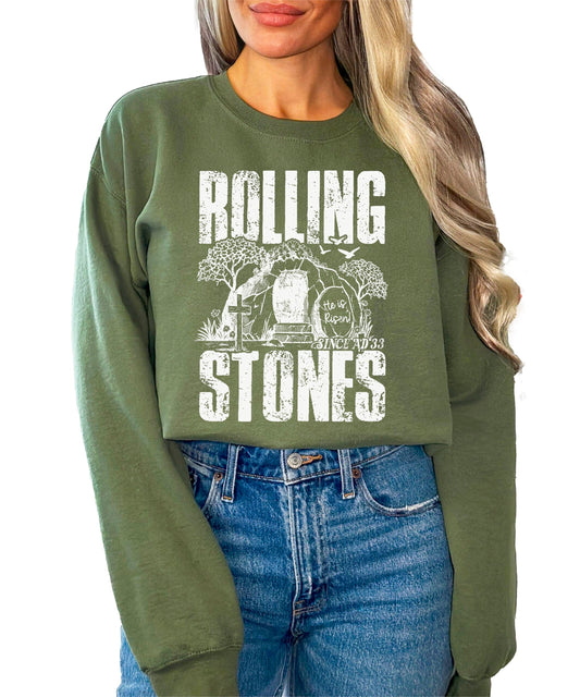 Army green He Is Risen Easter sweatshirt with Christian empty tomb graphic design on front