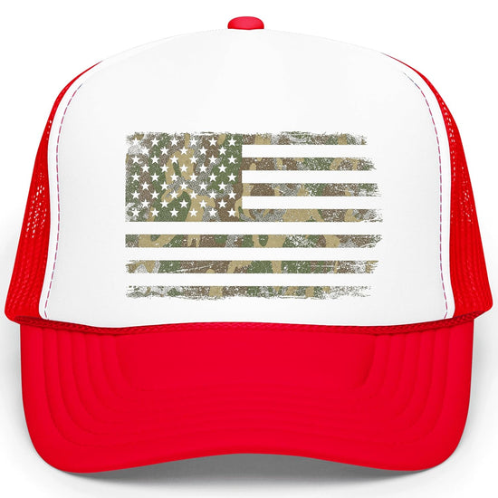 Multiple color options of camo American flag trucker hats in different mesh combinations