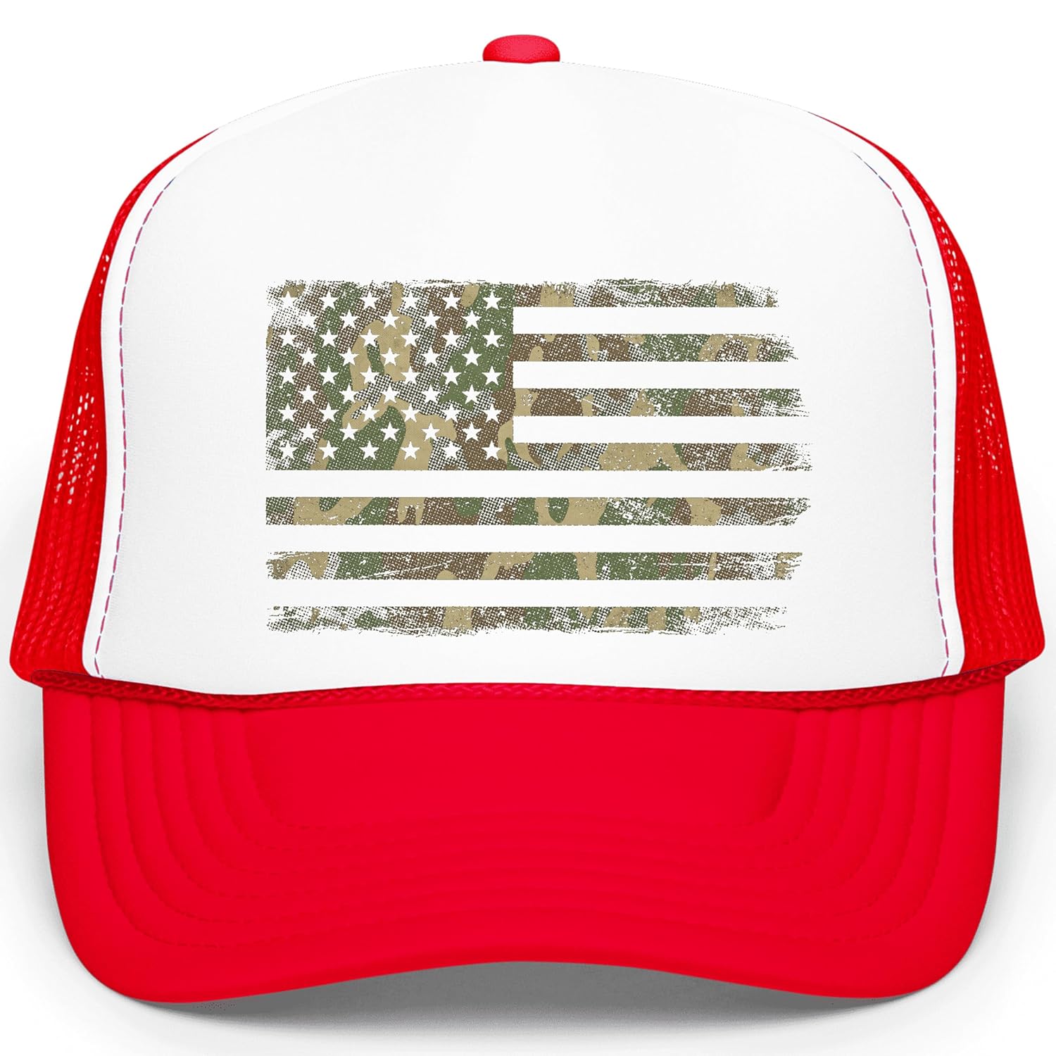 Multiple color options of camo American flag trucker hats in different mesh combinations