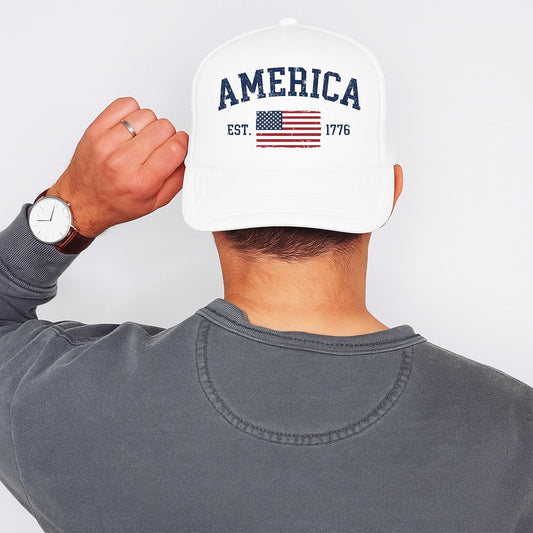 America Est 1776 Trucker Hat USA Flag Patriotic July 4th Snapback