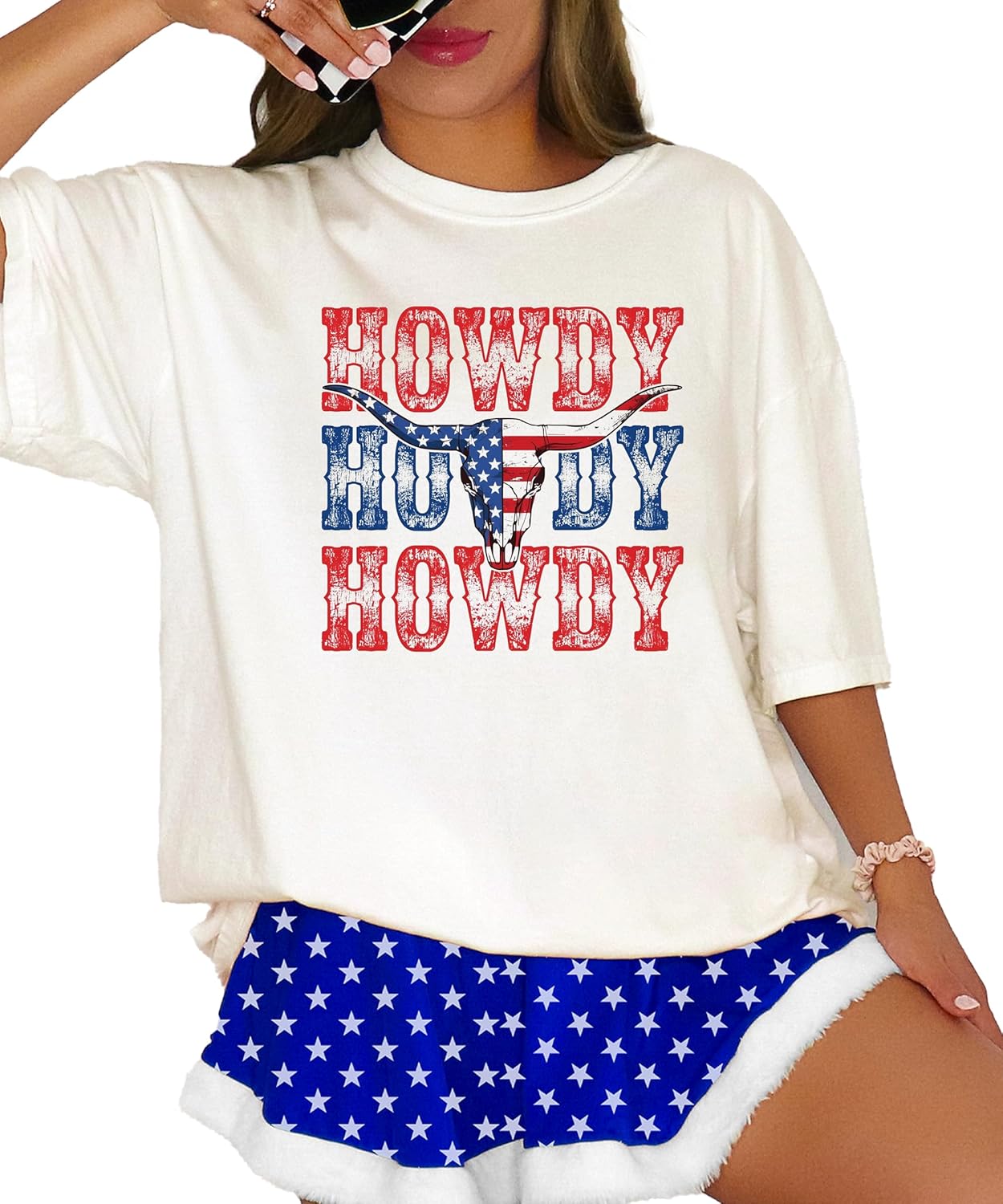 Size chart and fit guide for Howdy bull skull patriotic Western unisex t-shirt