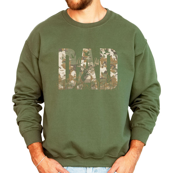 Army green sweatshirt with bold DAD text filled with camo and deer hunting graphics