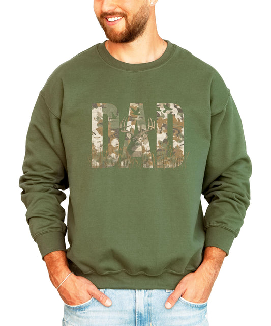 Army green sweatshirt with bold DAD text filled with camo and deer hunting graphics