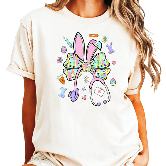 Model wearing Easter bunny nurse shirt showing relaxed fit and graphic placement