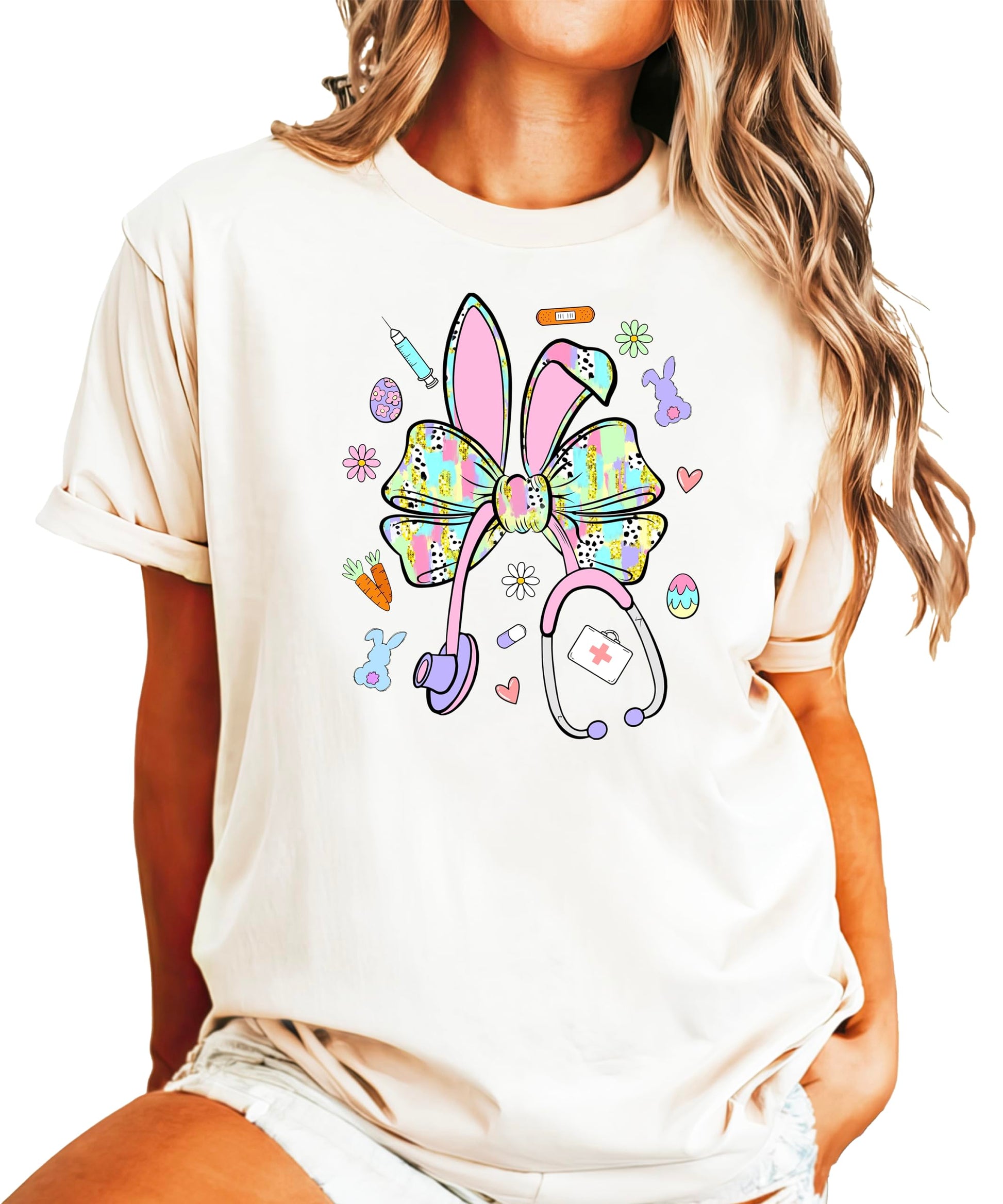Model wearing Easter bunny nurse shirt showing relaxed fit and graphic placement