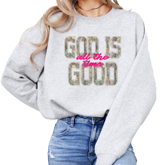Close-up of camo lettering on Christian faith sweatshirt front design