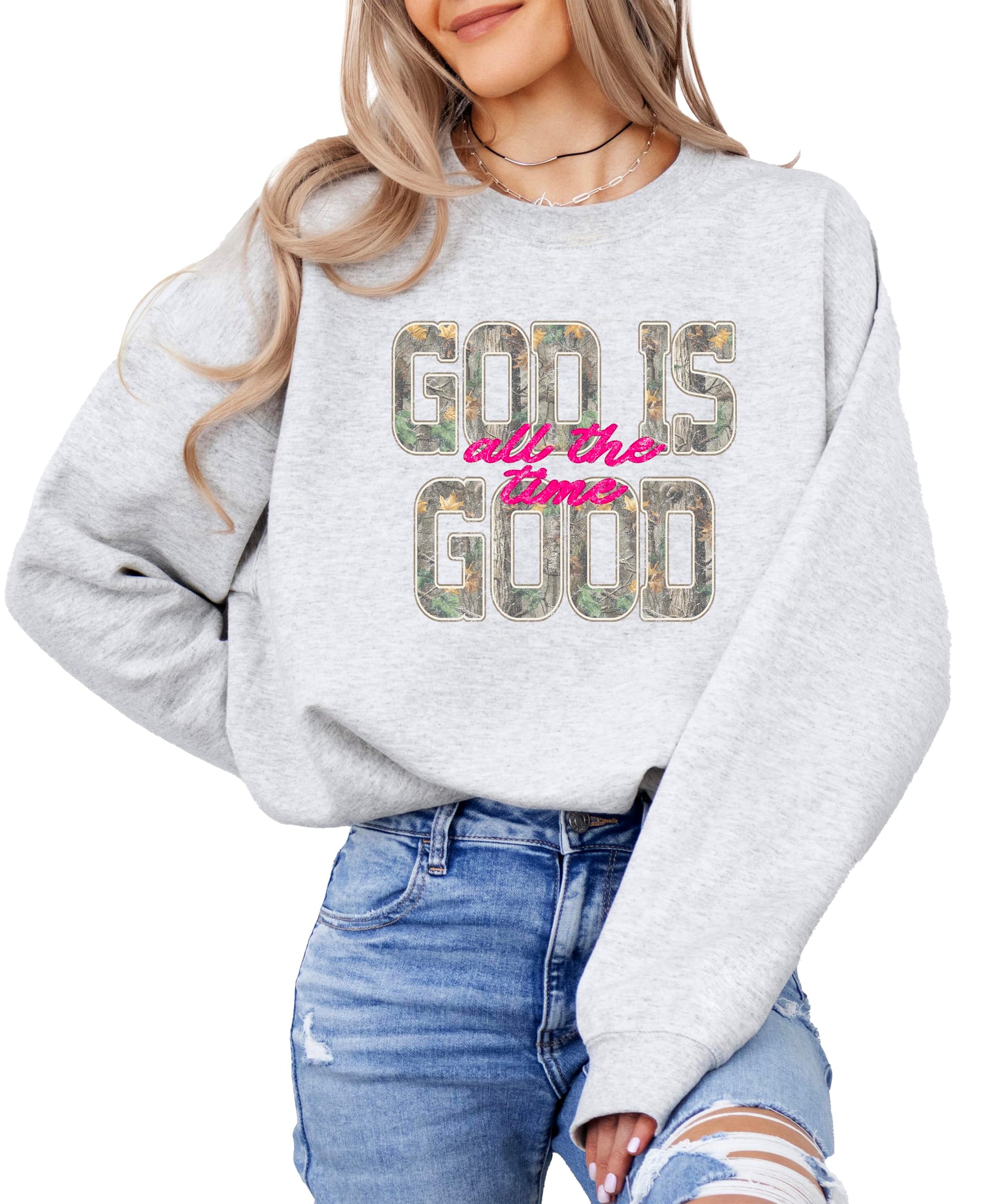 Close-up of camo lettering on Christian faith sweatshirt front design