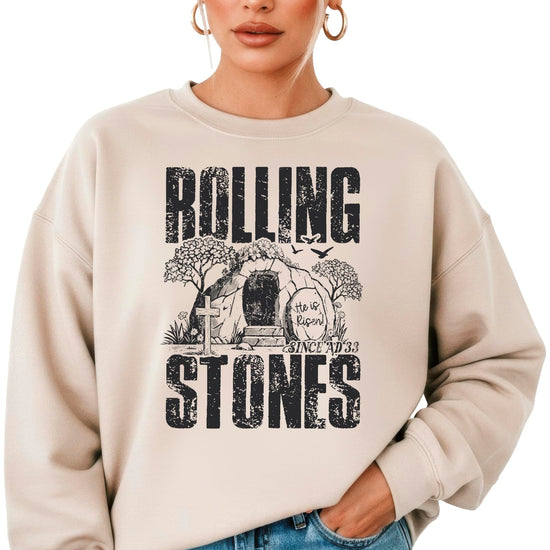 Side view of He Is Risen Easter sweatshirt displaying comfortable crewneck style