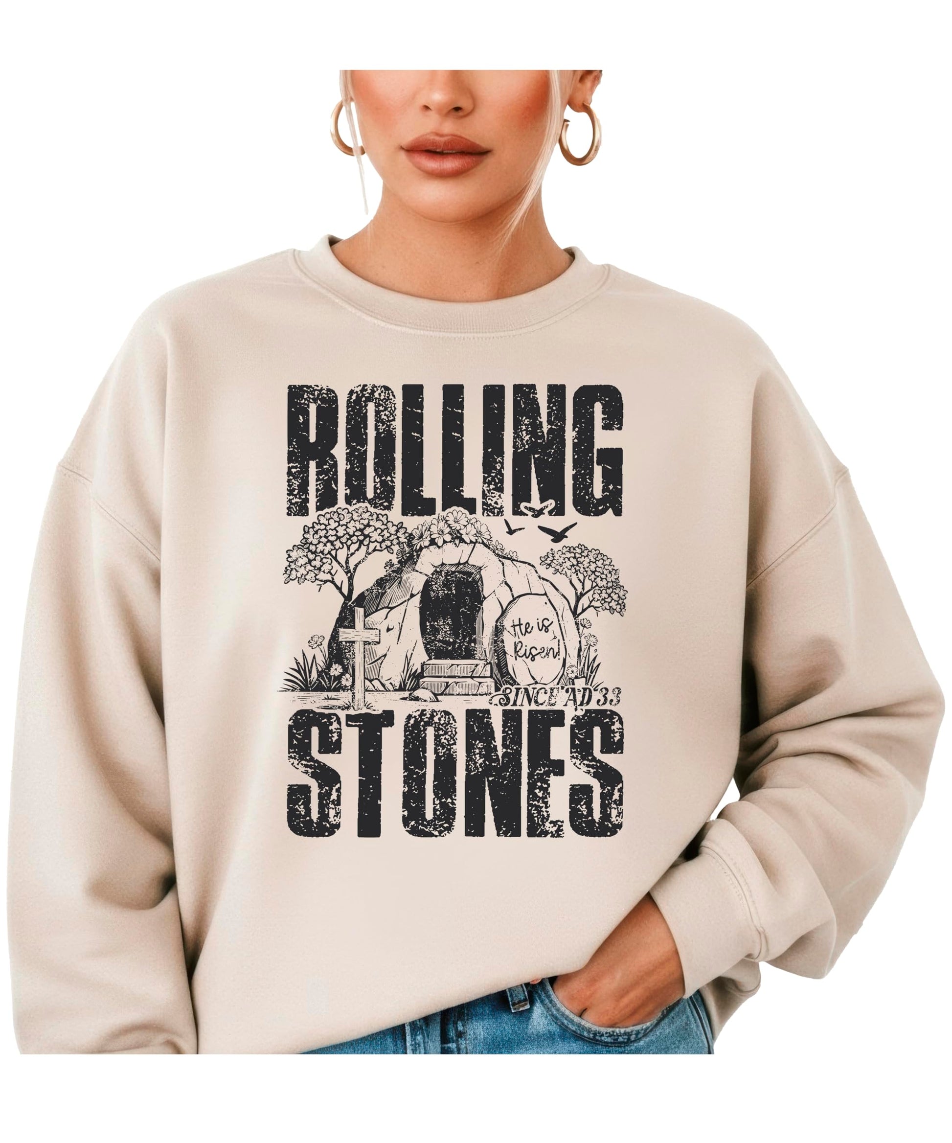 Side view of He Is Risen Easter sweatshirt displaying comfortable crewneck style
