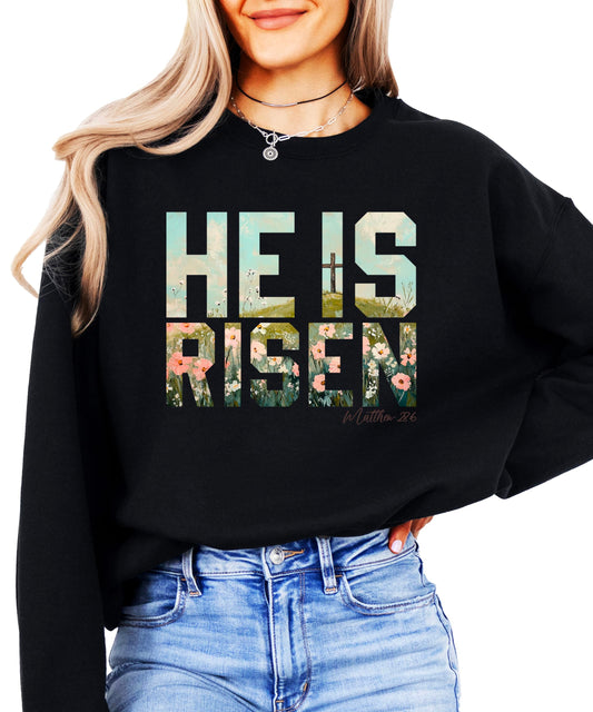 Olive Loves Apple He Is Risen Christian Sweatshirt for Women - Floral Easter Faith Crewneck