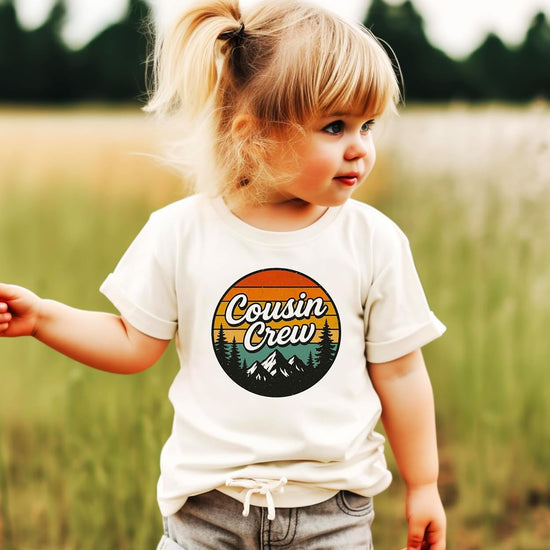 Cousin Crew retro mountain sunset graphic t-shirt in natural color with vintage circle design