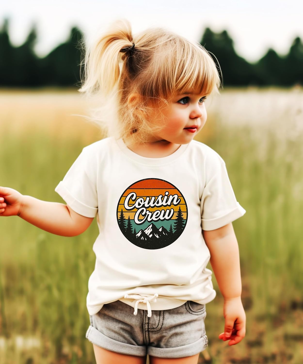 Cousin Crew retro mountain sunset graphic t-shirt in natural color with vintage circle design