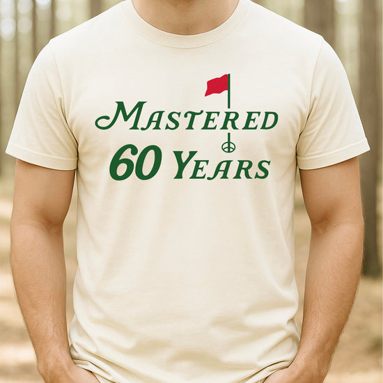 Mastered 60 Years golf birthday shirt product shot on white background