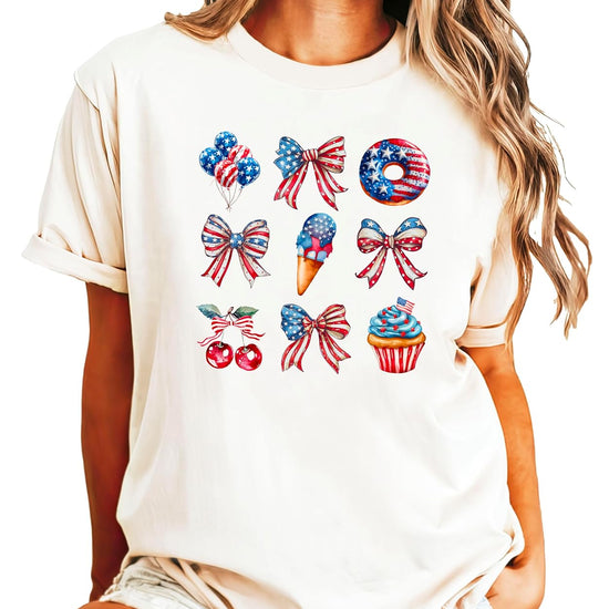 Side by side comparison of pink and natural colored patriotic bows sweets family matching shirts