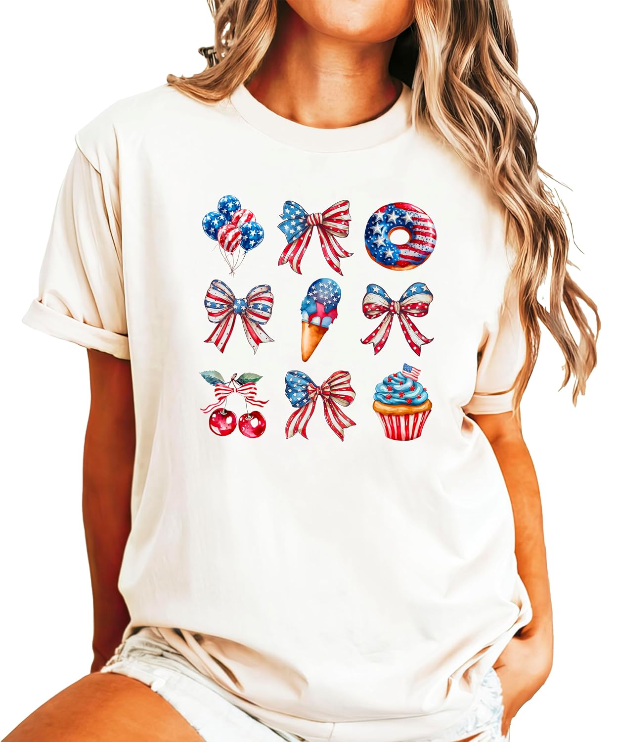 Side by side comparison of pink and natural colored patriotic bows sweets family matching shirts