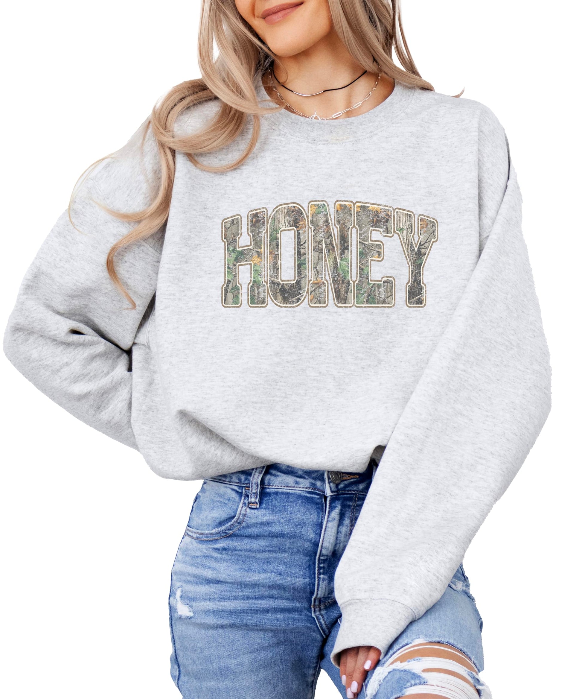 Back view of Honey Camo women's crewneck sweatshirt