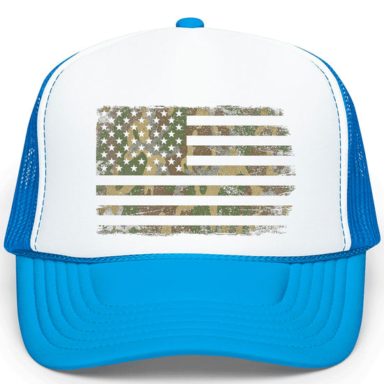 Back view of trucker hat displaying breathable mesh panels and adjustable snapback