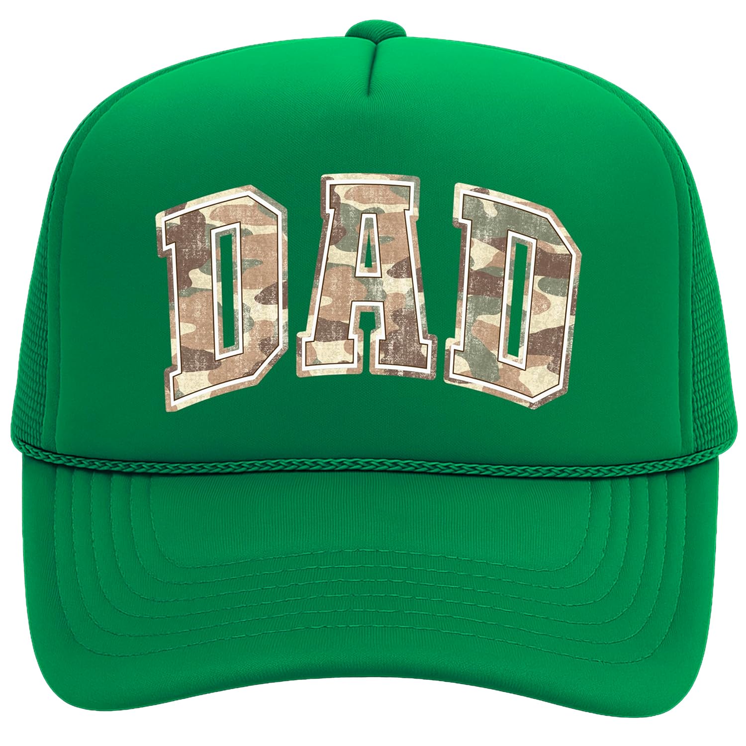 Close-up of camo DAD trucker hat showing distressed varsity lettering and mesh back panels