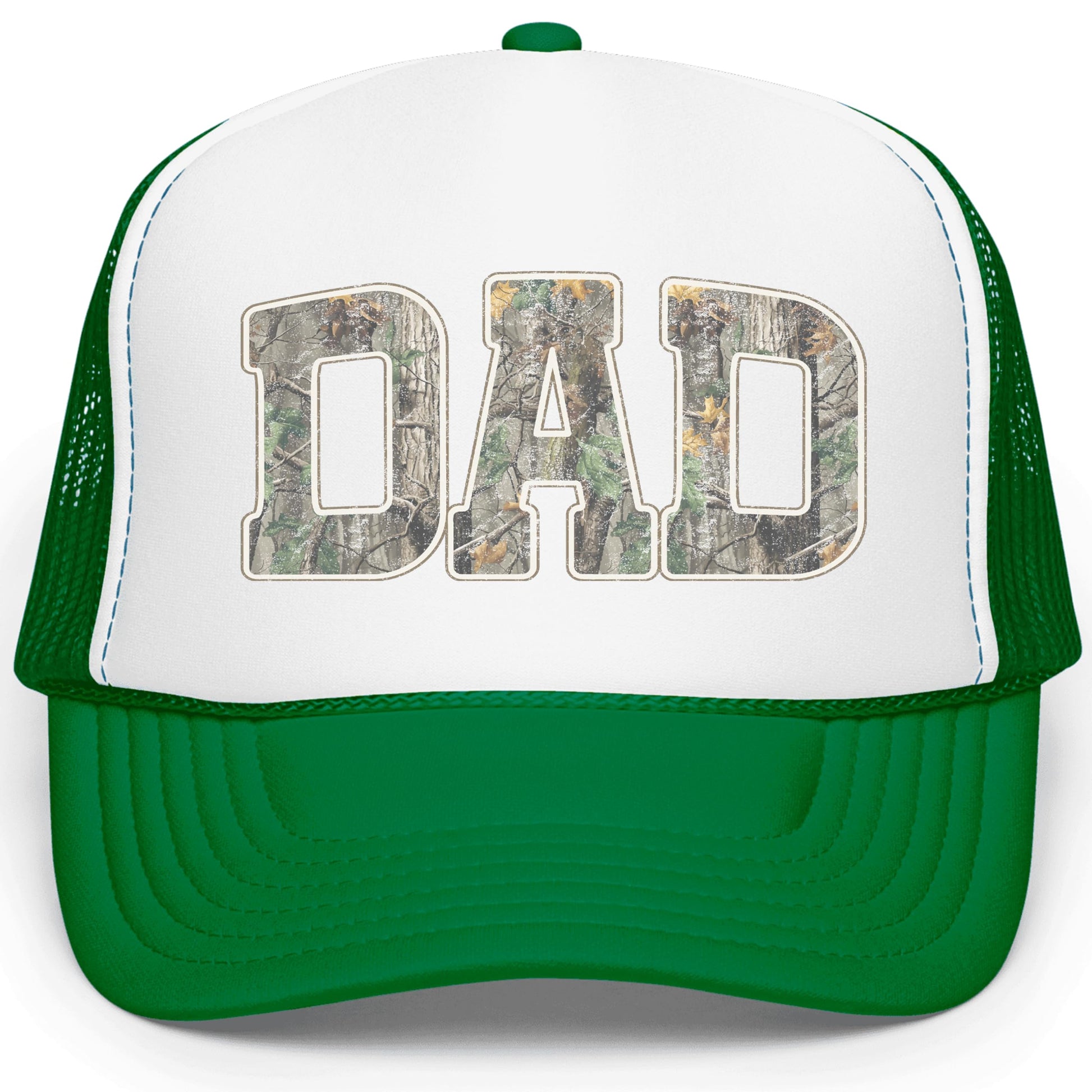 Dad camo trucker hat flat lay showing full design and structured shape