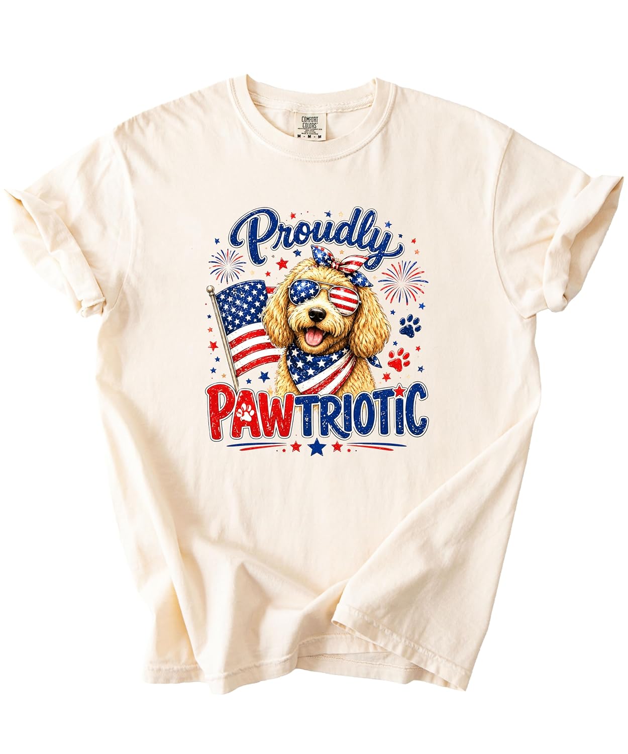 Woman wearing Proudly Pawtriotic doodle dog 4th of July graphic tee lifestyle photo