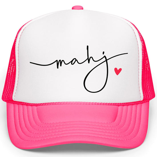 Flat lay of white mahj trucker hat displaying full front design and structured foam panel