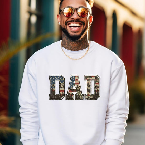 Back view of patriotic dad sweatshirt showing plain back design on crewneck pullover