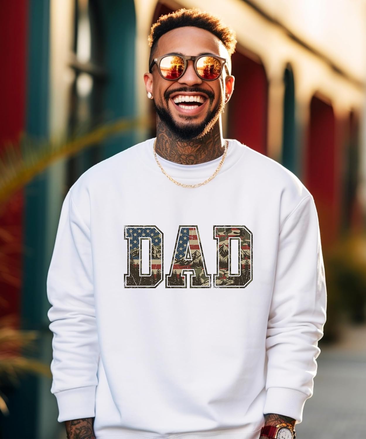 Back view of patriotic dad sweatshirt showing plain back design on crewneck pullover