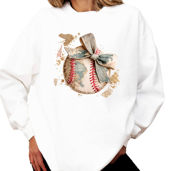 Full front view of women's camo coquette bow baseball sweatshirt in army green